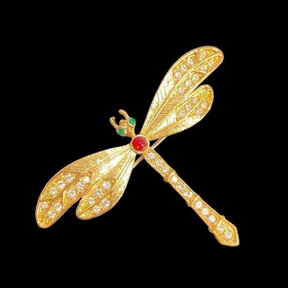 not Branded Jewelry - Gold-Tone Dragonfly Brooch With Sparkling Rhinestones & Red/Green Accents